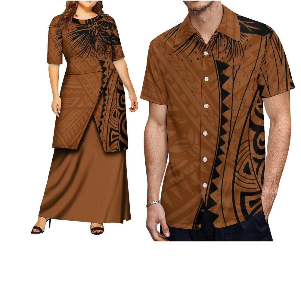 Nieuwe Polynesische Maatwerk Losse Puletasi Jurken Voor Vrouwen En Heren Shirts Casual Retro Gedrukt Banket Paar Outfits