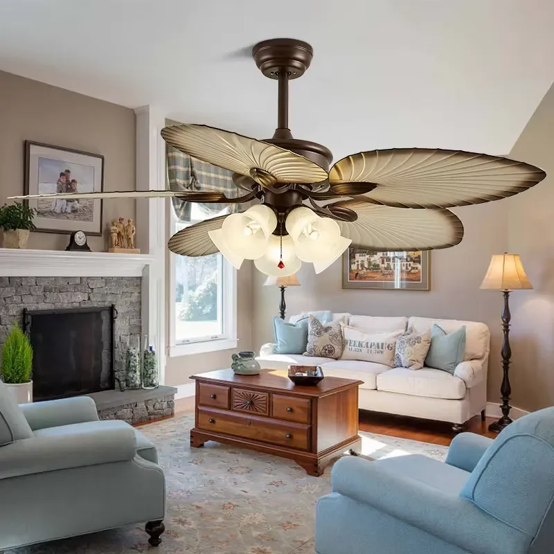Modern LED Inverter Ceiling Fan Lamp with 5 Blades and AC Motor Smart Remote Control for Living Room Metal Body Palm