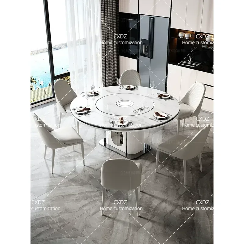 Modern Simple Retractable Round Dining Table with Induction Cooker and Warmer Multifunctional Rock Slab Table for Home