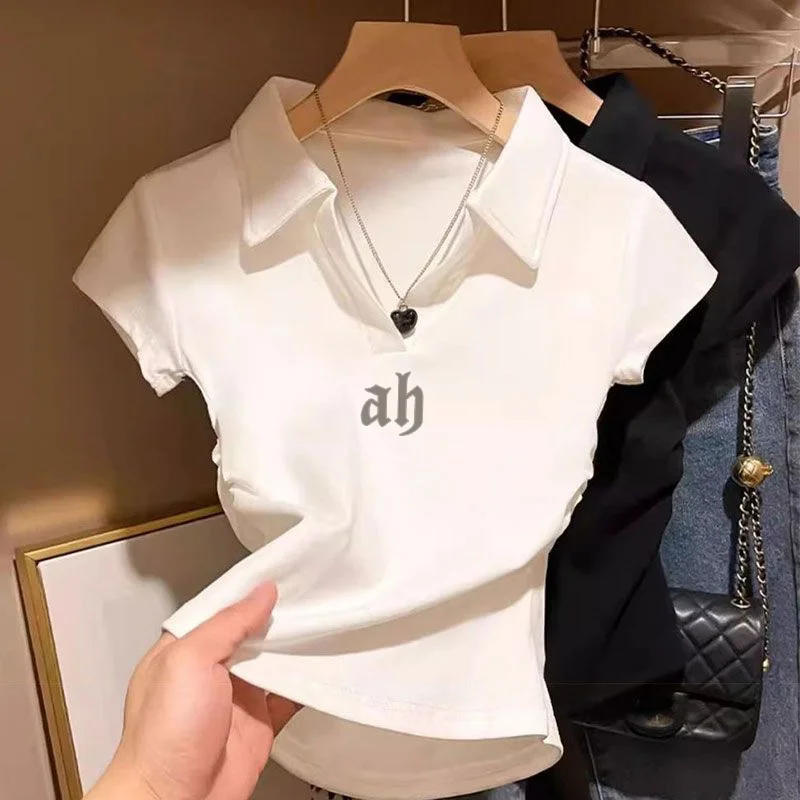 

Short-sleeved T-shirt women's summer 2024 white shoulder polo neck lapel short waist slim casual design top