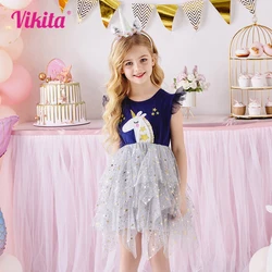 VIKITA Girls Unicorn Appliqued Cartoon Dress Kids Flare Sleeve Summer Dresses Girls Princess Mesh Tulle Tutu Layered Party Dress