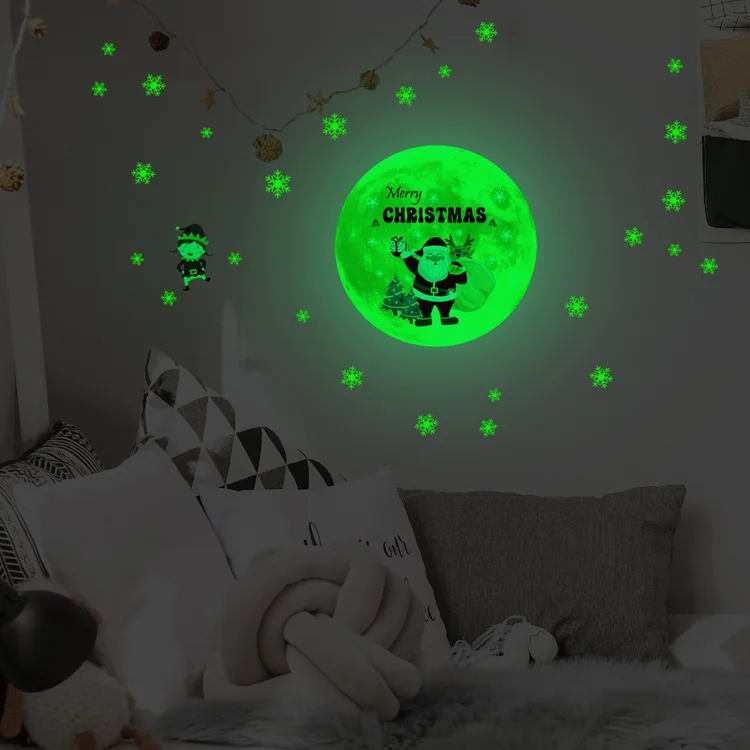 Weihnachtsmond-Schneeflocken-Leuchtwandaufkleber für Kinderzimmer, Schlafzimmer, Heimdekoration, Aufkleber, die im Dunkeln leuchten, Neujahrstapete – Detail 6