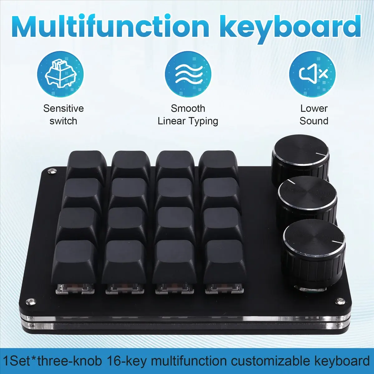 Three-Knob 16-Key, 4-Row Shortcut Gaming and Stock Volume Design Clip Macro-Programmable Mechanical Keyboard