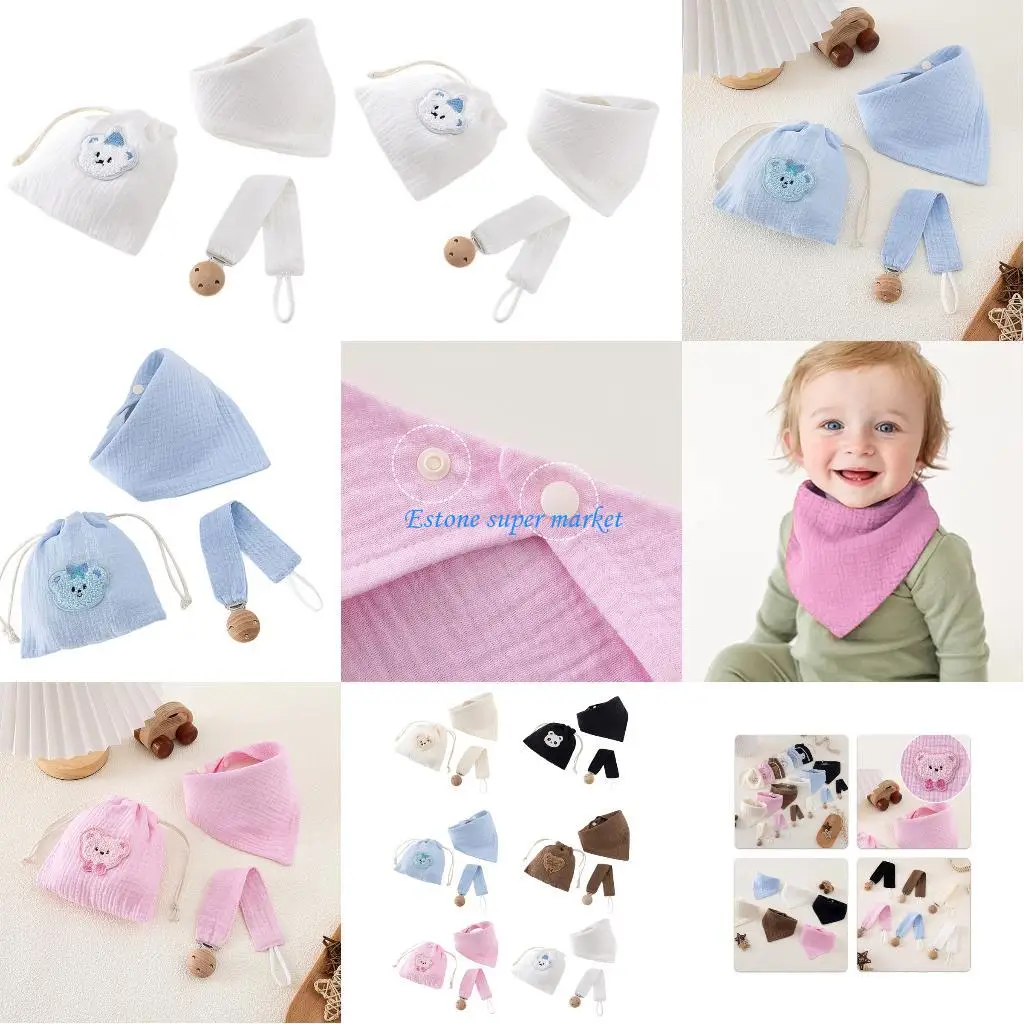 

090B 3pcs/Set Natural Cotton Newborn Bib Pacifier Leash Set and Reusable Storage Bag