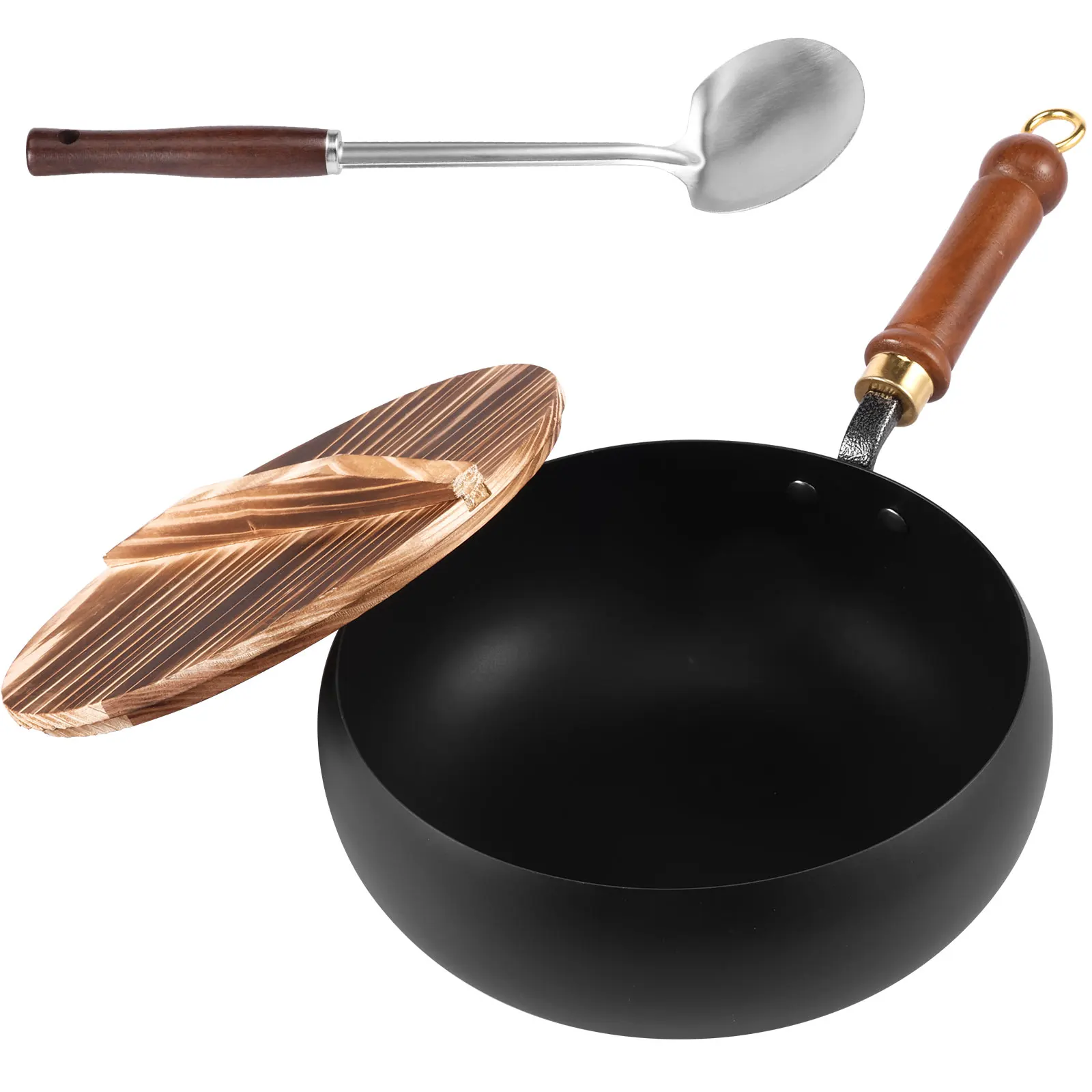 

Uncoated Iron Pan Frying Pans Nonstick Fry Pan with Wood Lid For Gas Induction Cooker Cooking Tools Deep Iron Pot Home Kitchen