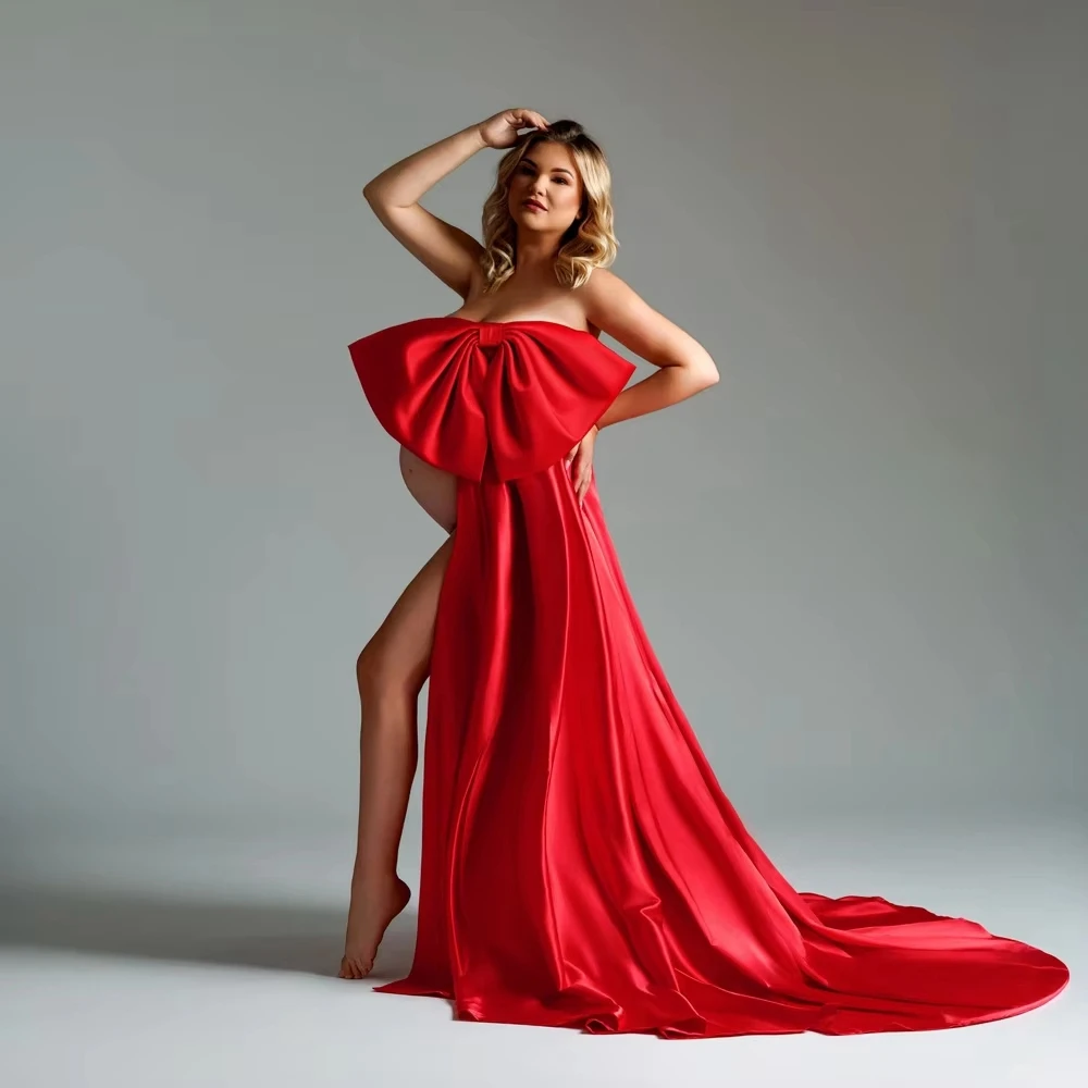 Maternity Photography Props Big Bowknot Gown Satin Dress Pregnancy Photo Shoot High Split Side Studio Posing Costume Clothes - view 5