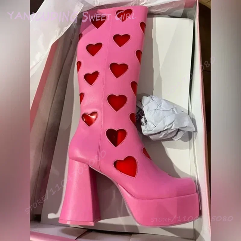 

Fuchsia Love Heart Pvc Hollow Knee Boots Girls Cute White Leather Women Rose Red Platform Heels Round Toe Hot Chick Club Shoes