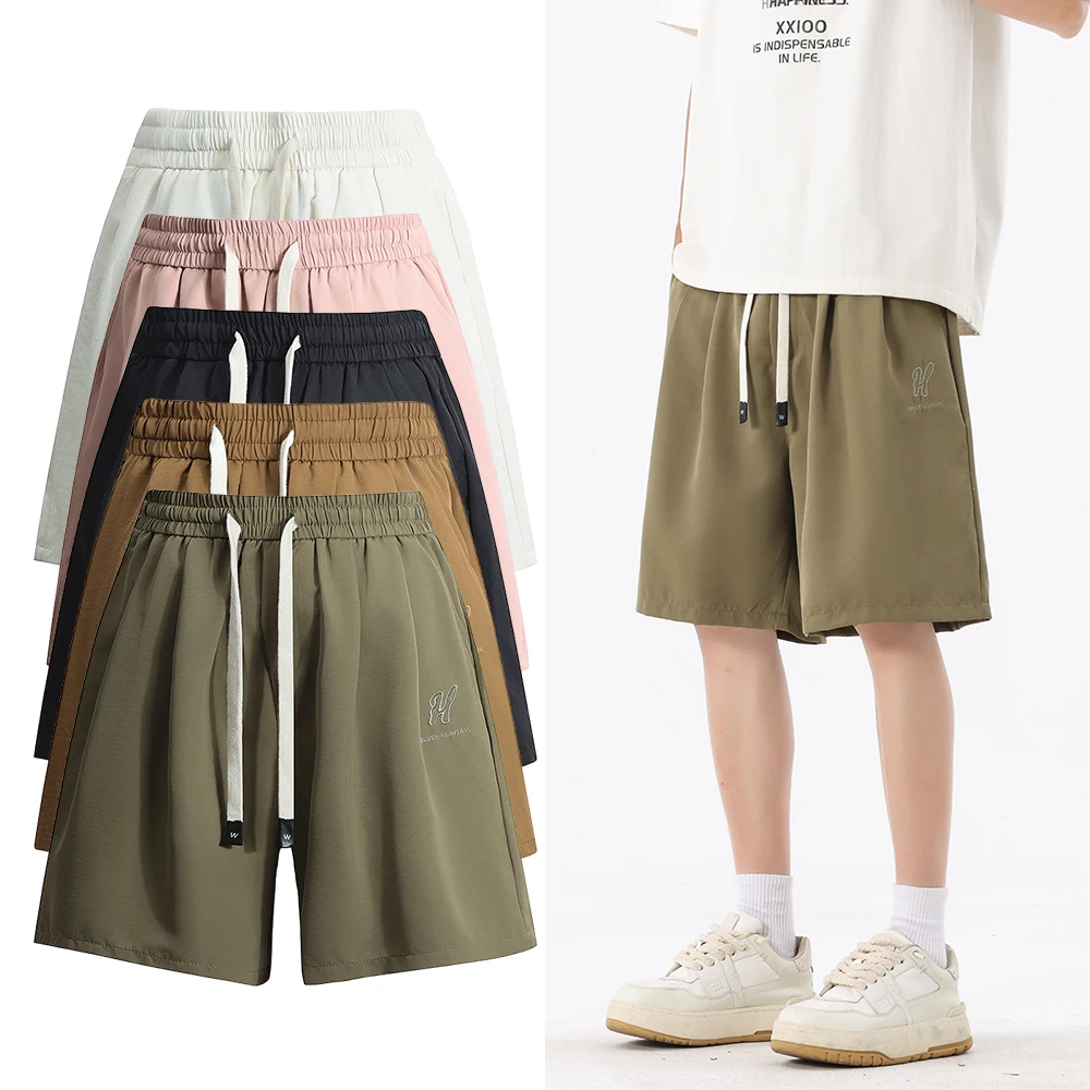 

Мужские быстросохнущие спортивные шорты из ледяного шелка с вышивкой, летние тонкие уличные брюки с пятью брюками, новая повседневная модная мужская одежда