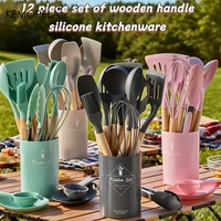 12PCS Silicone Kitchen Utensil Set with Wooden Handles Include Spatula, Spoon, Whisk, Whisking Pad, Heat Resistant, Durable
