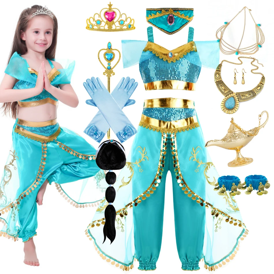 

Girls Jasmine Dress Up Arabian Princess Costume Kids Jasmine Cosplay Birthday Party Costume Baby Girl Summer Dress 2-10 Years