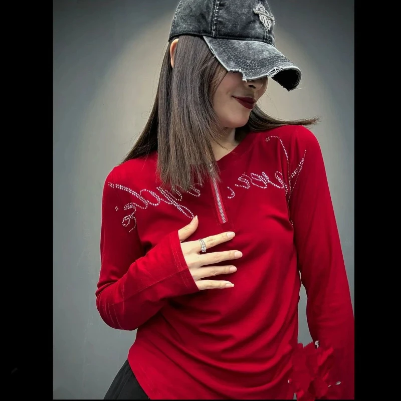 

Red V Neck Long Sleeve T Shirt With Rhinestone Letter Design Streetwear Fashion Women's Top Slim Fit Casual Wear For Night Out