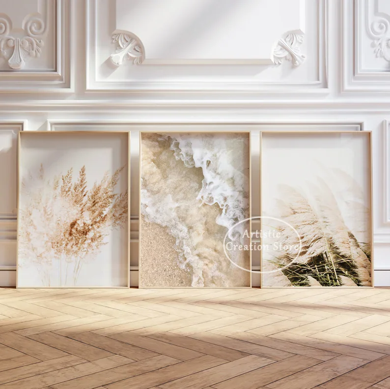 Neutral Boho Beach Coastal Pampas Grass Ocean Waves Photography Poster Canvas Painting Modern Wall Art Pictures Home Decor