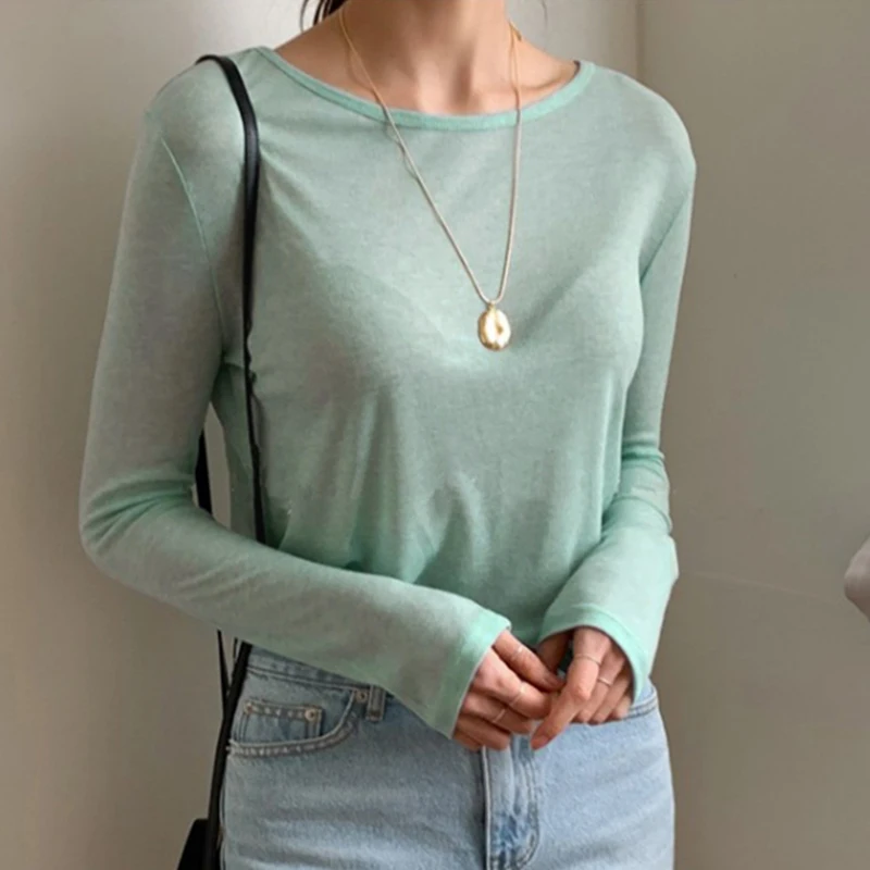 Frühling Sommer Mint Grün Beiläufige Lose frauen T-shirts 2025, Neue Lange Hülse O-ansatz Unten Strickwaren Koreanische Shirts Tops Weibliche
