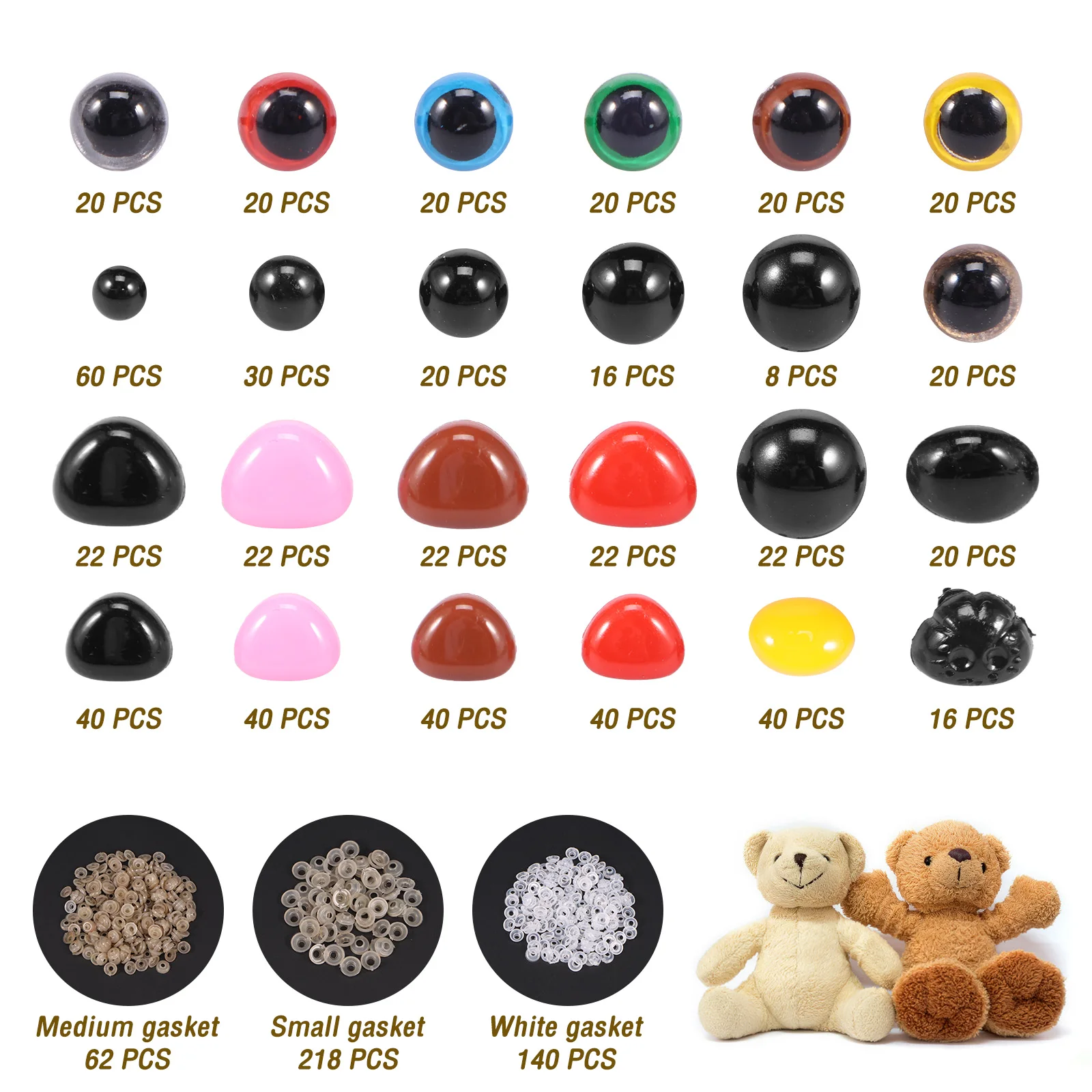 1040/500pcs Safety Eyes and Noses for Doll Stuffed Repair,Multi Sizes Colorful DIY Craft Doll Eyes&Nose for Crochet Toys Doll