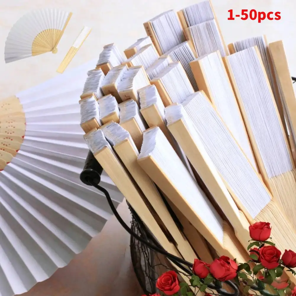 1-50 Éventails de mariage pliables en papier blanc et bambou, personnalisables, peints à la main, pour la décoration DIY et les cadeaux de peinture pour enfants