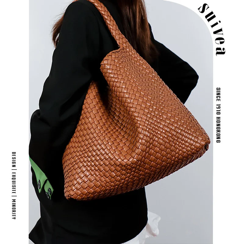 New Woven Bag for Women Vegan PU Leather Tote Female Large Summer Beach Travel Handbag and Purse Retro Handmade Shoulder