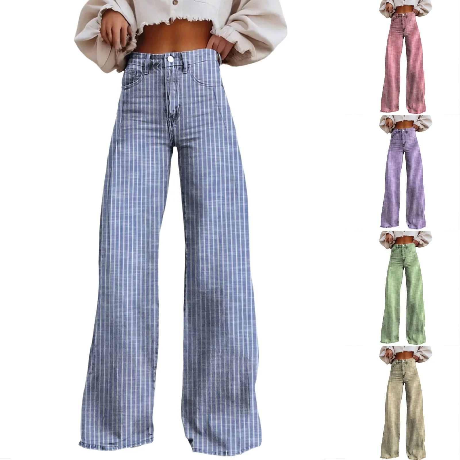 Women Jeans Fashion Trendy Color Striped Wide Leg Straight Leg Mopping Pants Casual Street Style All-Match Denim Pants