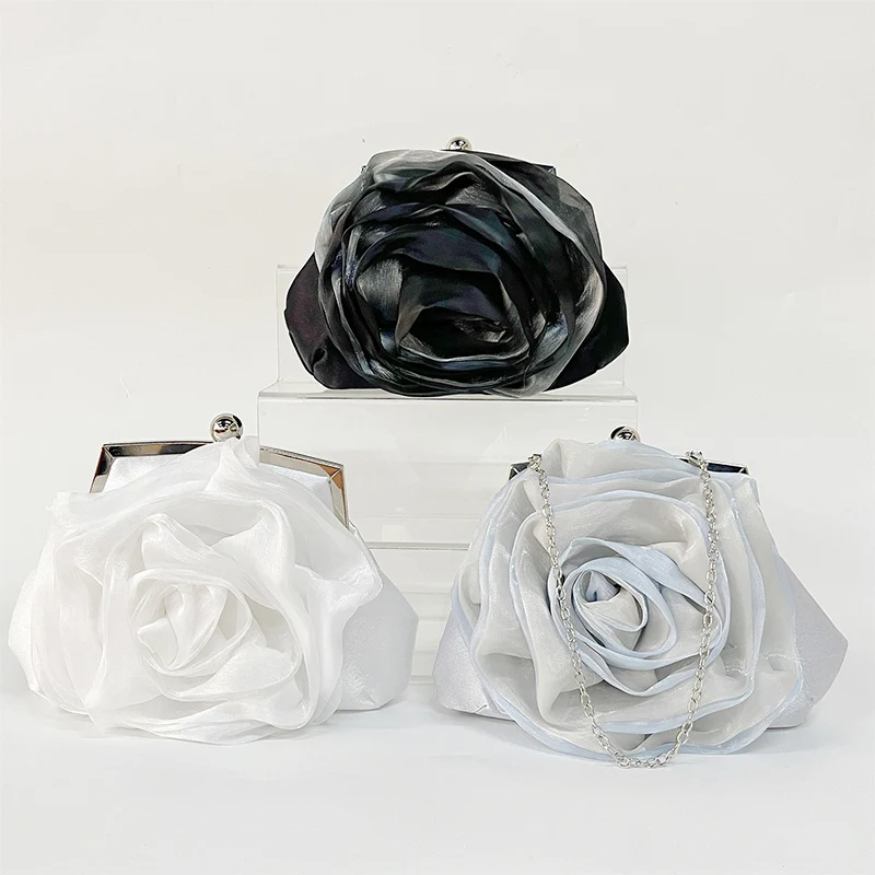 

Ladies Elegant Roseflower Satin Clutches Purses Rose Flower Evening Bag Handbag 3D Floral Sweet Bag for Party Dress Dinner