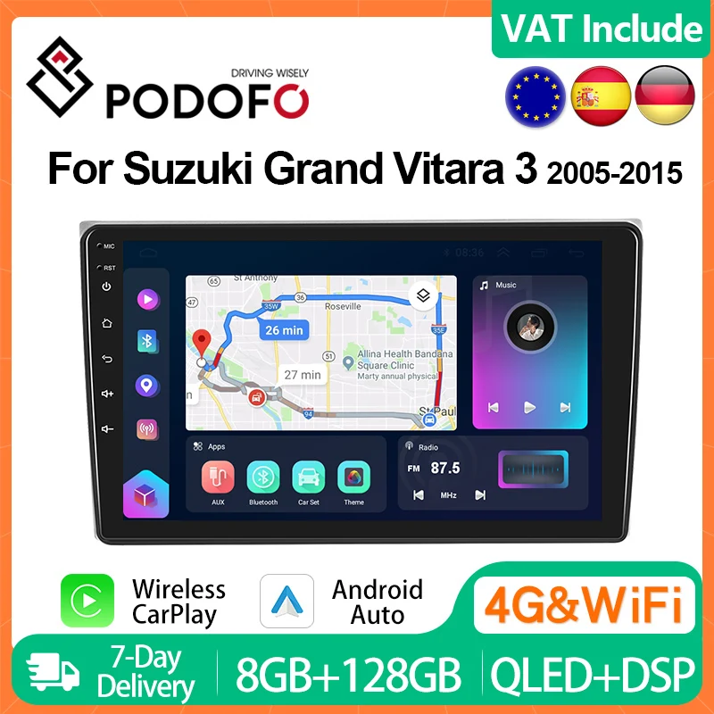 Podofo Carplay Android Auto Car Radio For Suzuki Grand Vitara 3 2005-2015 Intelligent Systems 2din Multimedia Player 4G Stereo