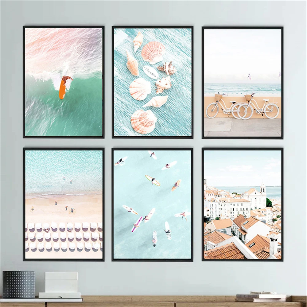 

Nordic Sea Beach Seascape Wall Art Poster Surfing Canvas Painting Shell Art Prints Modern Wall Pictures Living Room Home Decor