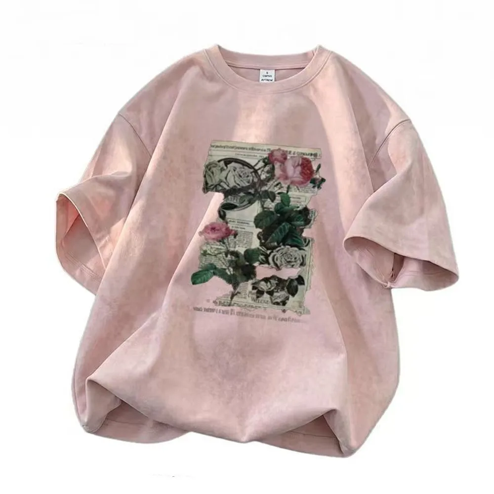 New Retro Rose Pattern Tie Dye Short Sleeve T-shirt For Men and Women, Trendy Versatile Somfortable Casual Wear Crew-neck Top