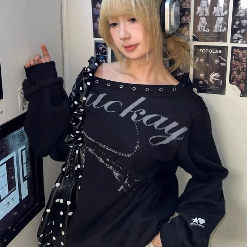 Y2k خمر تي شيرتات طويلة الأكمام الشارع الشهير المرأة عادية الشرير طباعة الأمريكية خمر علوي انحراف طوق ثقافة فرعية 2025 الخريف