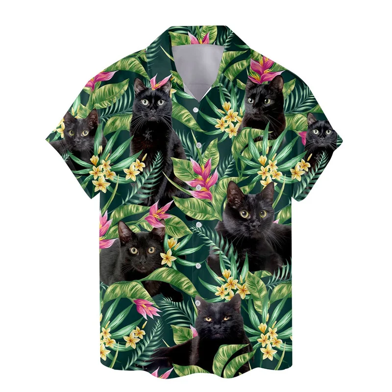 Kemeja hewan kucing rakun Hawaii pria, baju pakaian motif dinosaurus cetak 3D kerah Lapel lengan pendek gaya Aloha