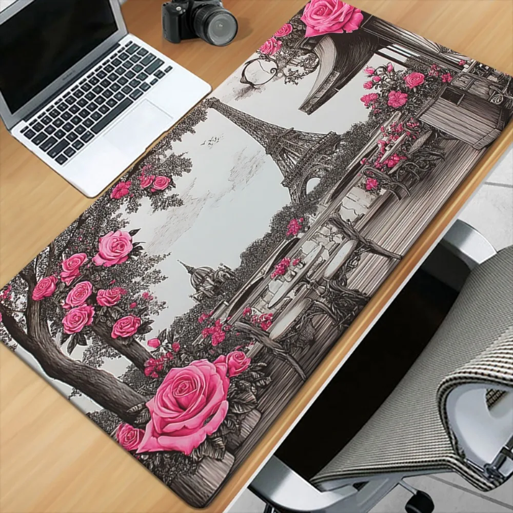 ParisEiffel Tower Rose Desk Mat,Vintage French Aesthetic Large Keyboard Pad,Non-Slip Waterproof Extended MousePad for Desk Decor