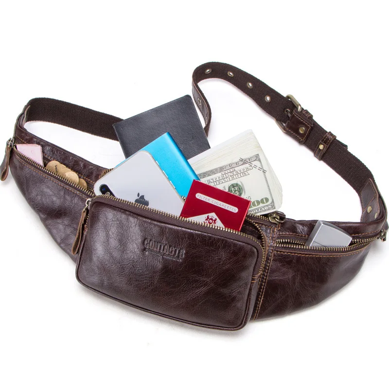 HTS-MB121 Real Leather Men's Sports Waist Bag, Top Layer Cowhide Multifunctional Casual Mobile Phone Waist Bag