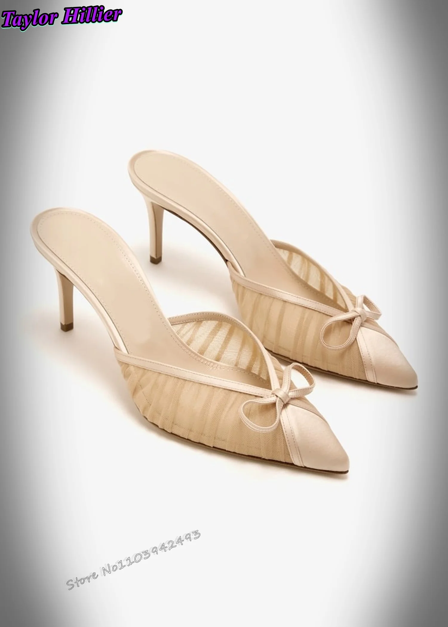 

Butterfly-Knot Mesh Heeled Sandals Pointed Toe Slip On Pull On Shoes Summer Pink White Mule Slides Black Patchwork Elegant Shoe