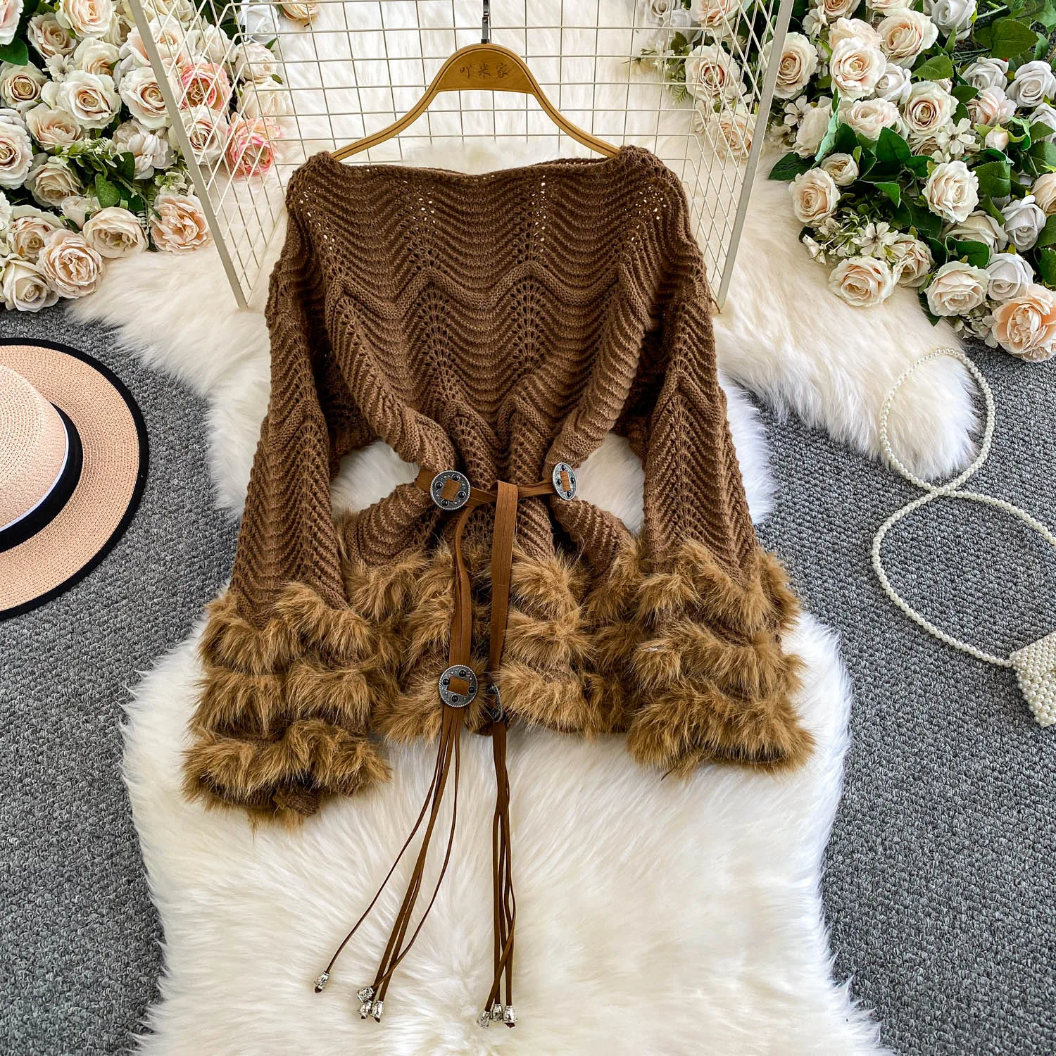 

Женские винтажные вязаные меховые топы, зимние женские блузки с поясом на талии, свитер, пуловеры, женские модные теплые топы с вырезами