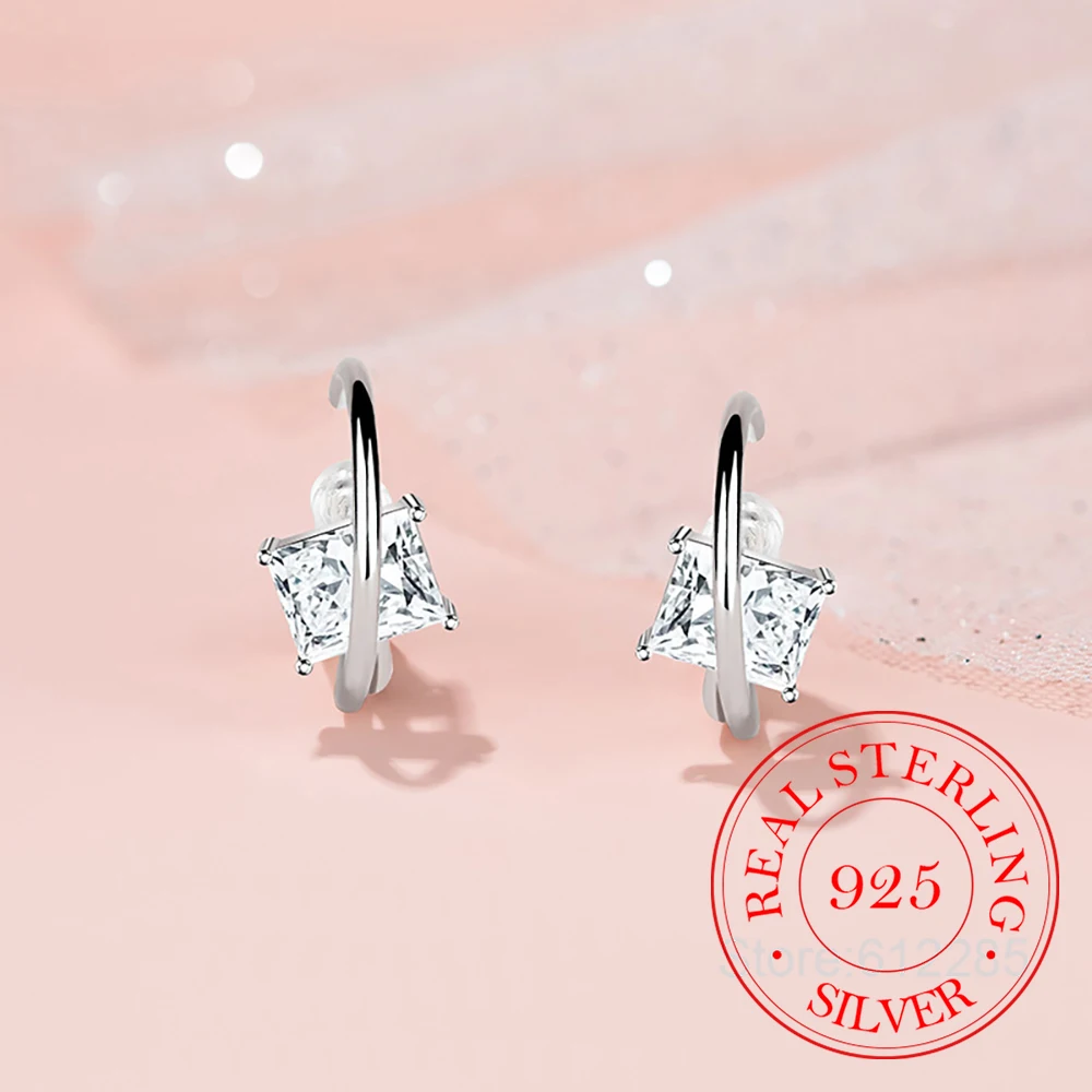 925 Sterling Silver Jewelry Square Zircon Crystal Moon Stud Earrings for Women Wedding Party Jewelry For Girls Friend Gift