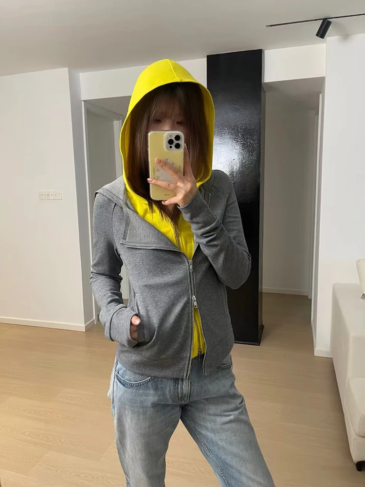 Women's drawstring hooded sweatshirt - faux two-piece striped patchwork cardigan - casual fitted long-sleeved coat top