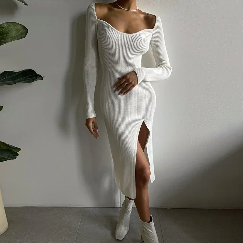 

Elegant Women Square Collar Long Dress Autumn Winter Ribbed Knitting Slit Dress Sexy Slim Fit Knitted Bodycon Dresses Vestidos