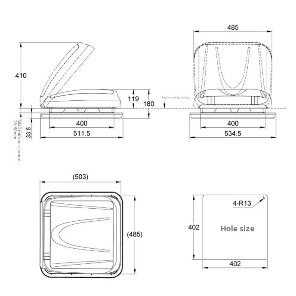RV Commercial Vehicle Breathable Sunroof with Insect Mesh Acrylic with LED Light