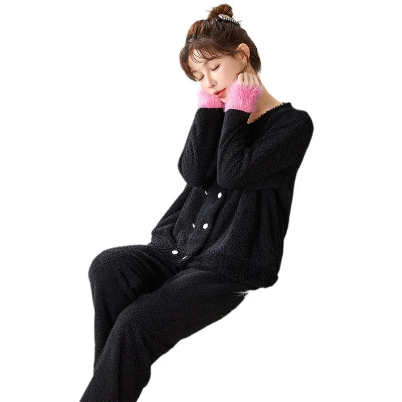 Pigiama da ragazza a mezza pile foderato in pile ispessito girocollo manica cardigan homewear primavera autunno inverno indumenti da notte da donna