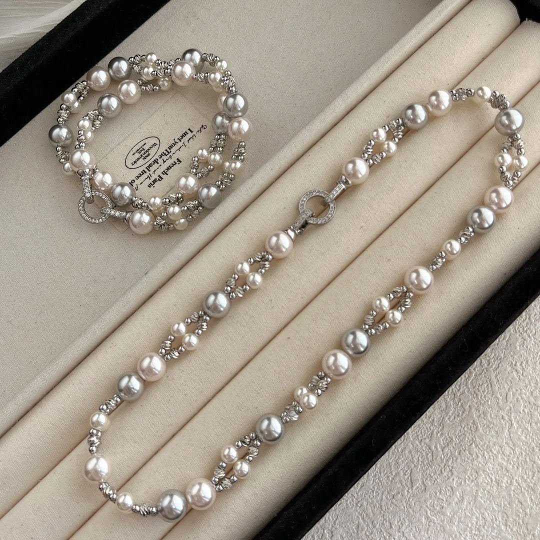 

Autumn and winter retro national style Shijia is round with strong light pearl collarbone chain double-layer design neck chain,