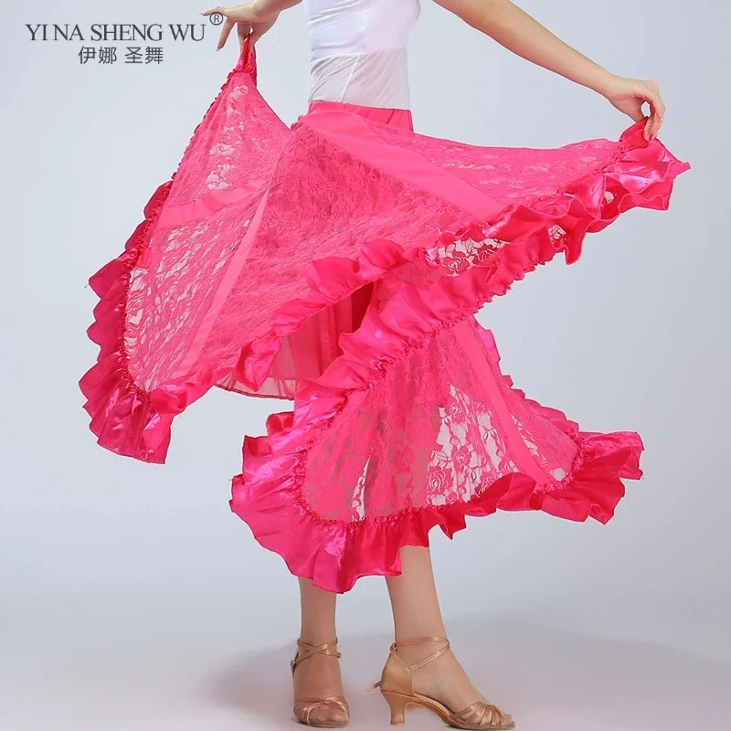 

5-цветная кружевная танцевальная юбка, женская одежда для танца живота, профессиональные длинные кружевные юбки с большими качелями, костюм для цыганского танца, кружевная новинка