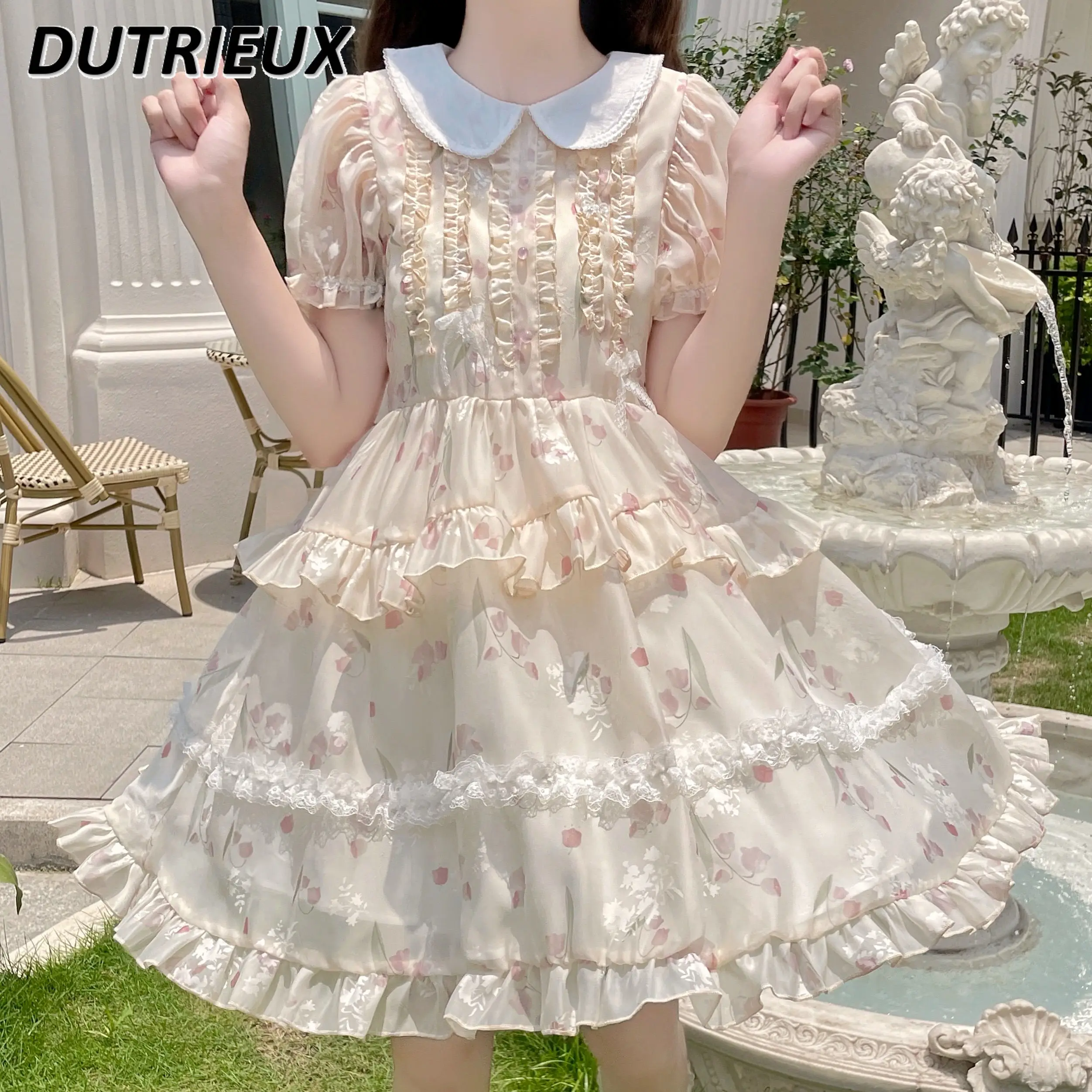 Lolita bonito vestido de colarinho de boneca japonesa, arco de várias camadas, com renda, trabalho pesado, manga folhada curta, vestidos de princesa com aparência jovem, bonito