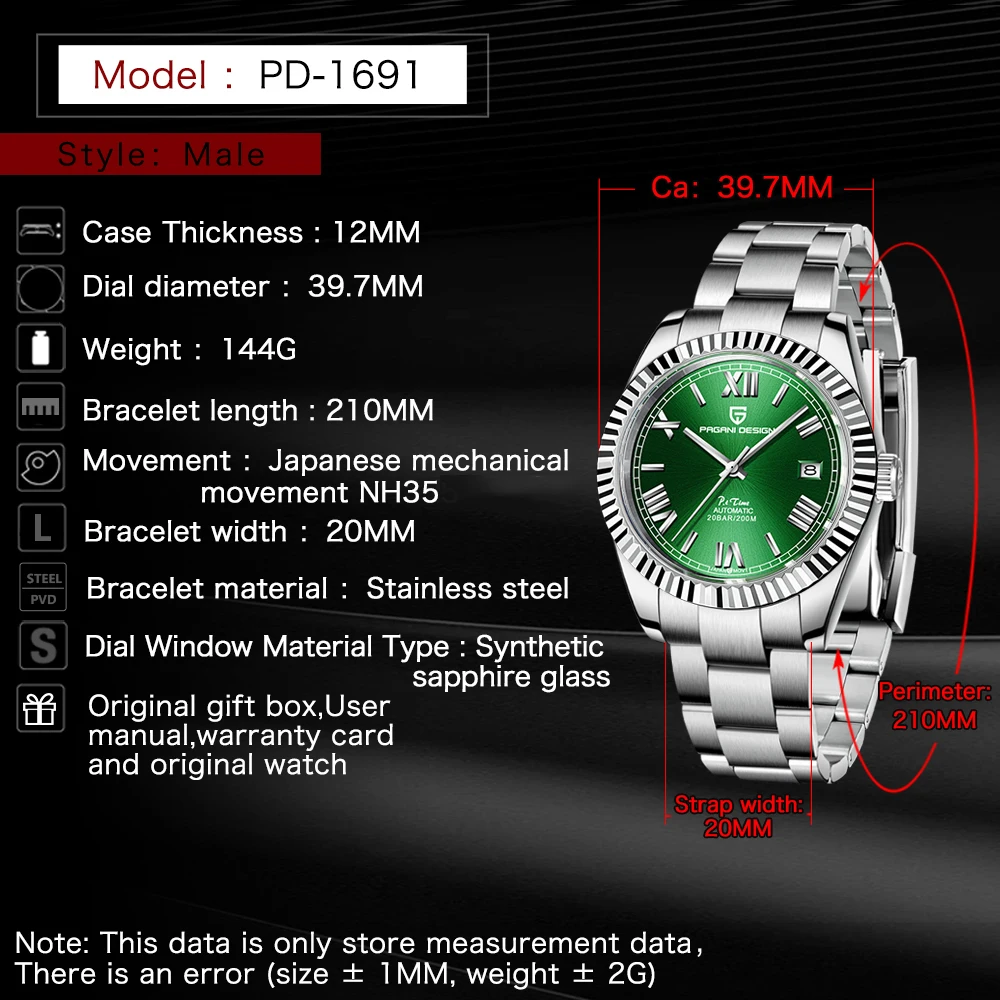 PAGANI DESIGN Uhr Herren Luxus Retro mechanische Herrenuhr Saphirglas 200 Meter wasserdicht Edelstahl Herrenuhr
