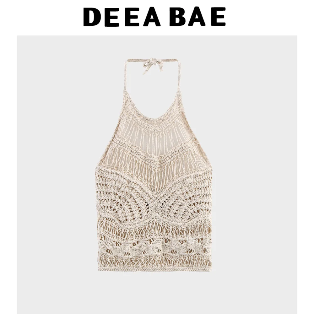 

DEEABAE, новая летняя женская одежда, темпераментный простой полый вязаный повседневный топ с висячим воротником и открытой спиной