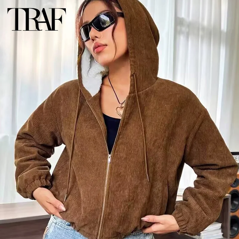 Traf-女性用コーデュロイフード付きコート,暖かい冬のジャケット,デミパッド入りのシーズン,長袖,ショートパーカー,アウターウェア,2024