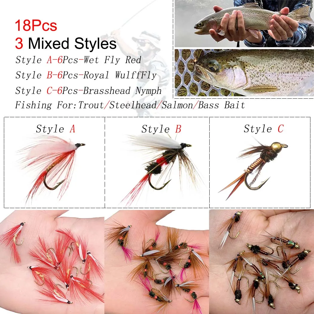 18Pcs 3 Mixed Styles Realistic Nymph Scud Fly for Trout/Salmon/Bass Fishing Artificial Insect Bait Lure