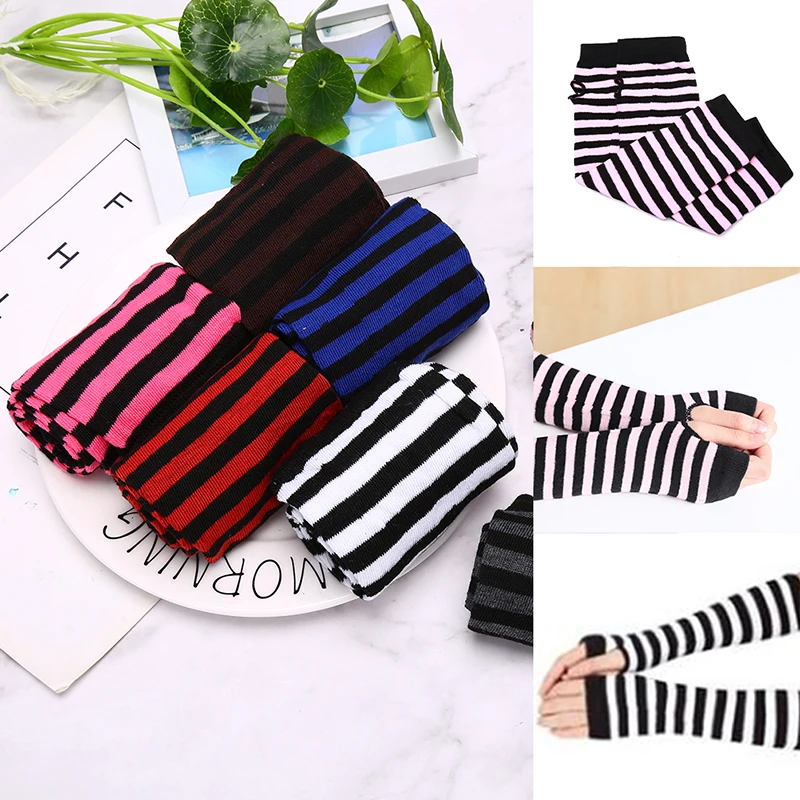 1Pair Knitted Striped Warm Mittens Women Arm Warmer Fingerless Long Gloves Protection Arm Warmer Half Finger Sleeves