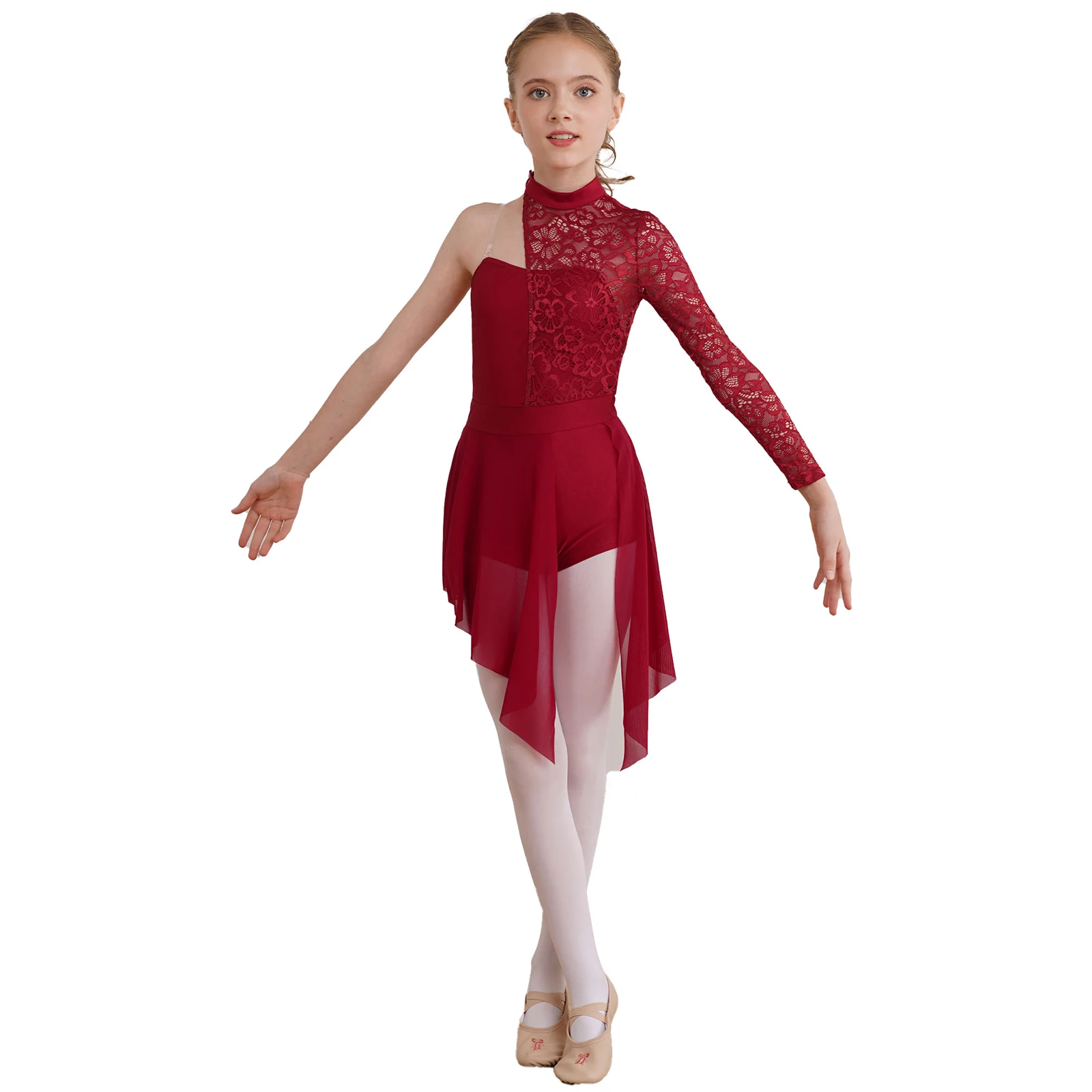 Kids Girls Modern Lyrical Dance Dress Figure Skating Costume Floral Lace Ballet Gymnastics Leotard Latin Jazz Cha-cha Dancewear