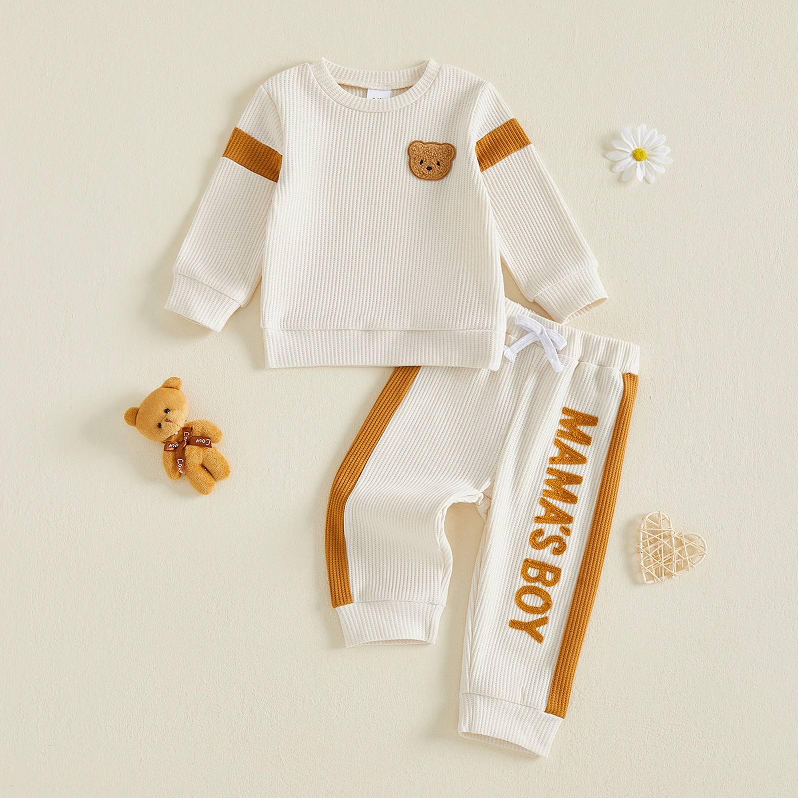 1-5Y Fashion Kids Boys 2 Pcs Fall Outfits Long Sleeve Waffle Pullover Drawstring Jogger Pants Boys Autumn Clothing Set