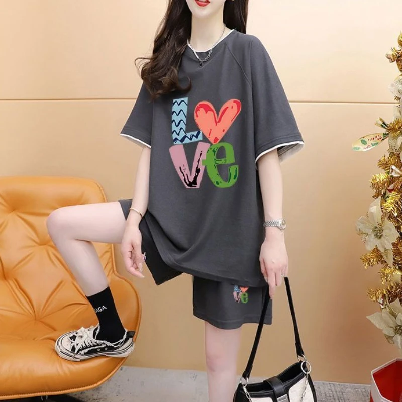 

Loose Casual Print T Shirt Women's Short Sets 2 Pieces New Products Tailor Fashion Coordinated Classic Female Shorts Promotion