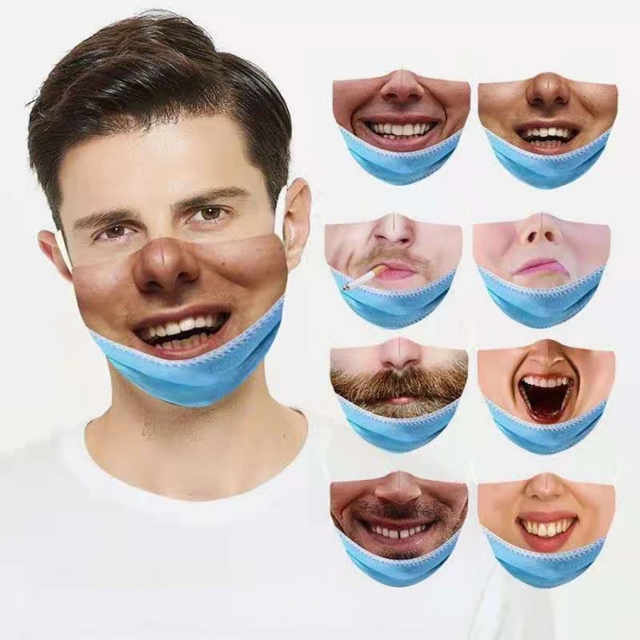 Earloop Fabric Realistic Human Face Mask, Funny Expression Creative Face Cover, Personalized Prank Fun Mask, Reusable & Washable