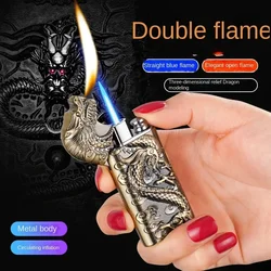 New Double Flame Modified Gas Lighter Metal Three-Dimensional Embossed Dragon Straight Torch Lighter Cigarette Accessories