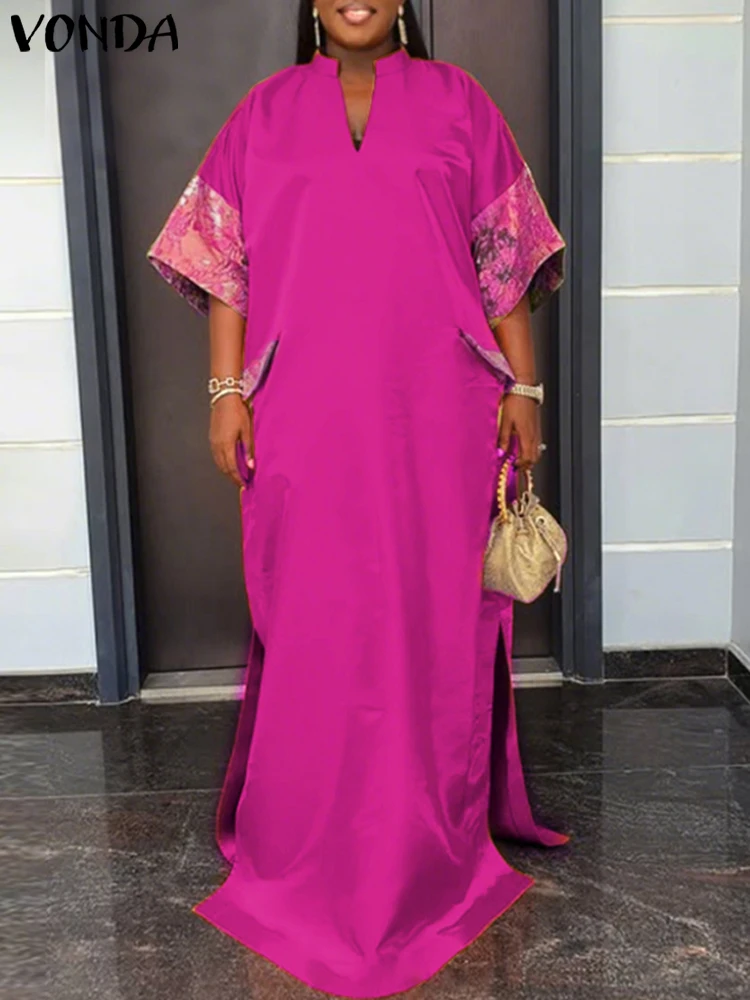 VONDA 새틴 실크 맥시 드레스 여성 여름 선드레스 반팔 파티 드레스 2025 빈티지 V넥 솔리드 컬러 로브 오버사이즈